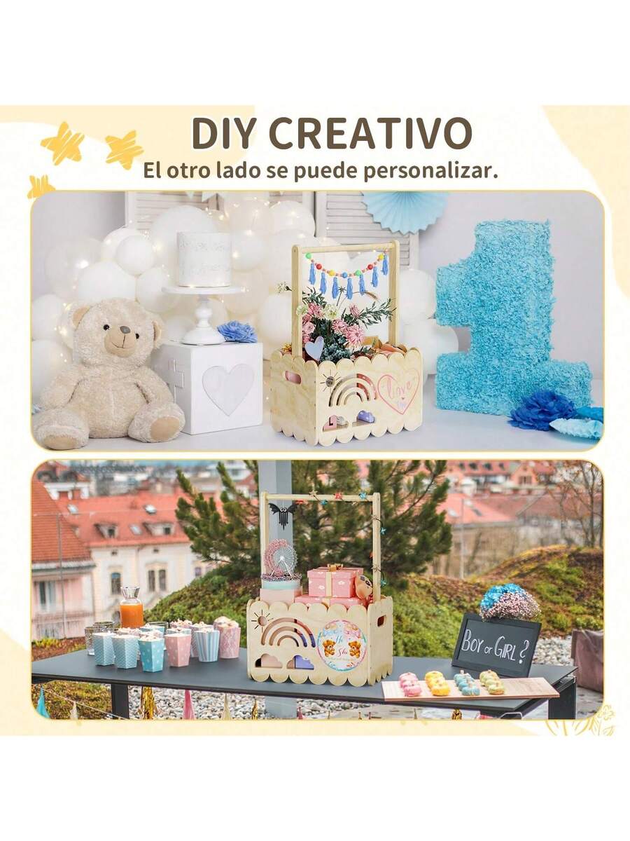Houten babyshowercadeaus, kratkast, stevige doe-het-zelf baby-opbergkist, mand voor nieuwe ouders, babyshowerdecoraties, krat met handvat, babybenodigdheden, kinderkamerdecoratie, speelgoedopslag